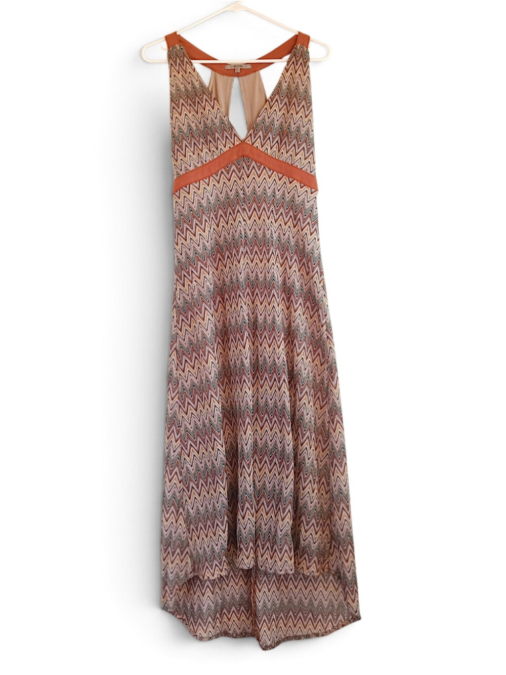 Miss Me knit Chevron high low dress retro western goddess vibes zig zag rust MED